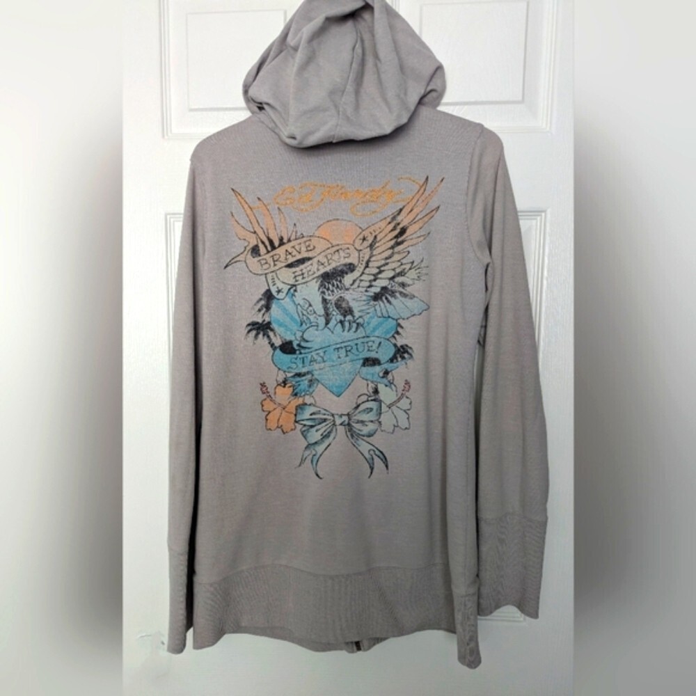 Vintage Ed Hardy Women's (Large) Slim Long Zip-Front Hoodie With Graphics & Lace